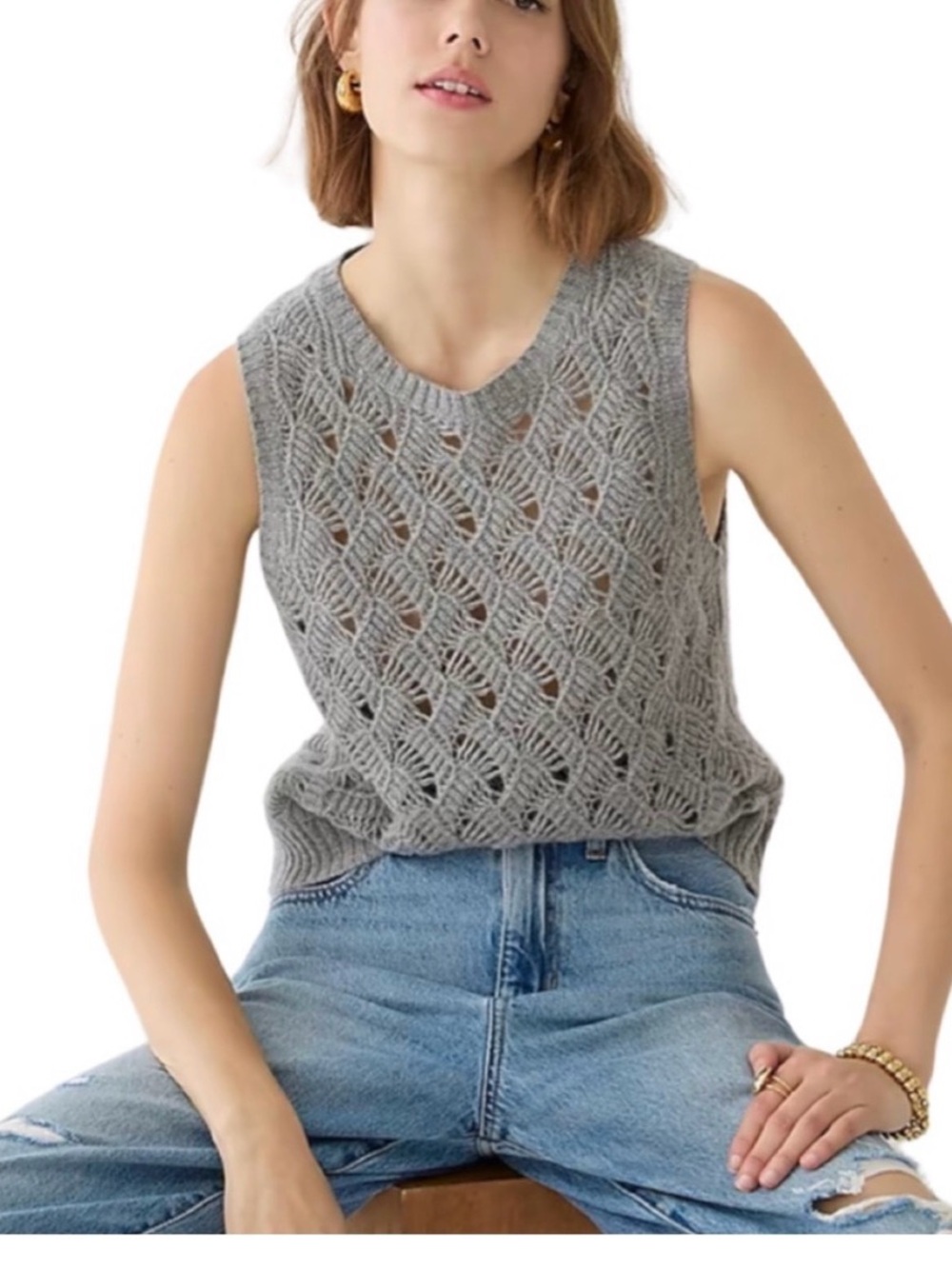 J. Crew Cashmere Pointelle Sweater Shell S Heather Gray Sleeveless Vest Slipover